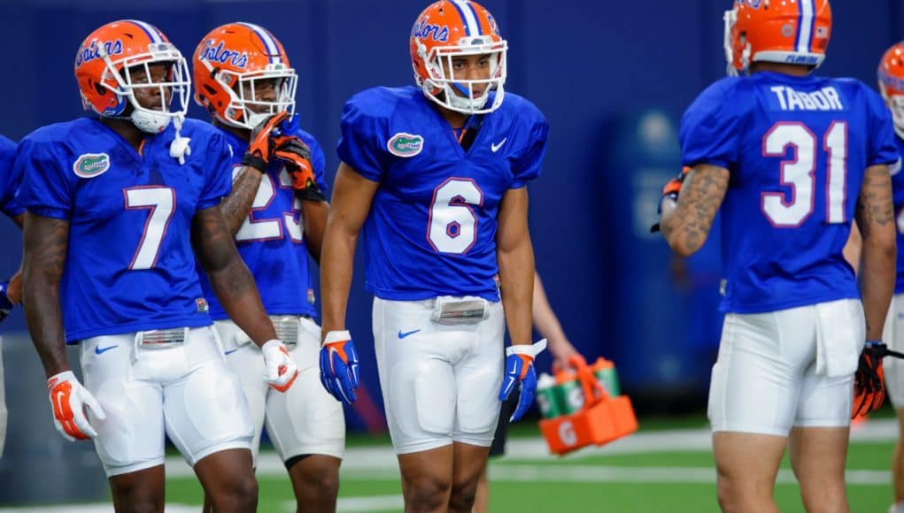 University of Florida cornerbacks Duke Dawson, Quincy Wilson and Jalen Tabor go through drills during spring camp- Florida Gators football- 1280x852