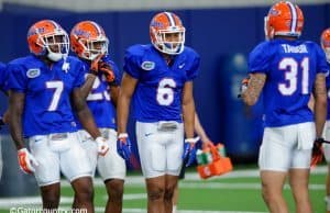 University of Florida cornerbacks Duke Dawson, Quincy Wilson and Jalen Tabor go through drills during spring camp- Florida Gators football- 1280x852