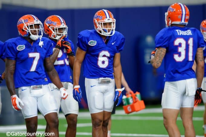 University of Florida cornerbacks Duke Dawson, Quincy Wilson and Jalen Tabor go through drills during spring camp- Florida Gators football- 1280x852
