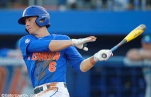 University of Florida freshman Jonathan India takes a swing in a win over FGCU on opening weekend- Florida Gators baseball- 1280x852