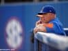 University of Florida head baseball coach Kevin O’Sullivan watches his team take pregame infield before a Friday night game against Vanderbilt- Florida Gators baseball- 1280x852