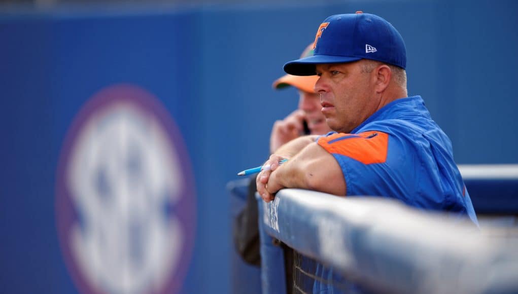 University of Florida head baseball coach Kevin O’Sullivan watches his team take pregame infield before a Friday night game against Vanderbilt- Florida Gators baseball- 1280x852