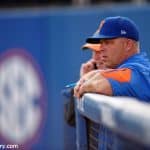 University of Florida head baseball coach Kevin O’Sullivan watches his team take pregame infield before a Friday night game against Vanderbilt- Florida Gators baseball- 1280x852