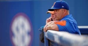 University of Florida head baseball coach Kevin O’Sullivan watches his team take pregame infield before a Friday night game against Vanderbilt- Florida Gators baseball- 1280x852