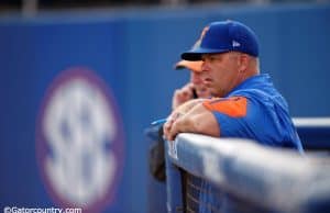 University of Florida head baseball coach Kevin O’Sullivan watches his team take pregame infield before a Friday night game against Vanderbilt- Florida Gators baseball- 1280x852