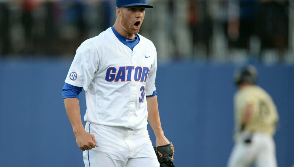 University of Florida junior Logan Shore reacts after striking out a batter in the first inning during a 4-2 win over Vanderbilt- Florida Gators baseball-1280x852