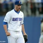 University of Florida junior Logan Shore reacts after striking out a batter in the first inning during a 4-2 win over Vanderbilt- Florida Gators baseball-1280x852