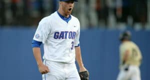 University of Florida junior Logan Shore reacts after striking out a batter in the first inning during a 4-2 win over Vanderbilt- Florida Gators baseball-1280x852