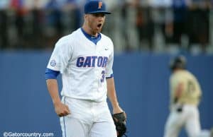 University of Florida junior Logan Shore reacts after striking out a batter in the first inning during a 4-2 win over Vanderbilt- Florida Gators baseball-1280x852