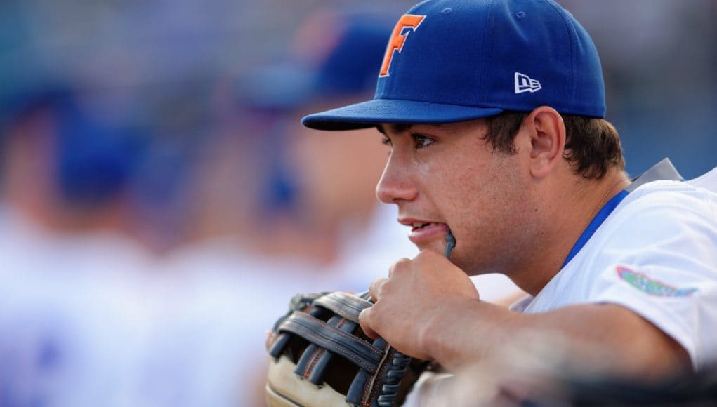 University of Florida outfielder Nick Horvath waits to take the field against the Vanderbilt Commodores- Florida Gators baseball-1280x852