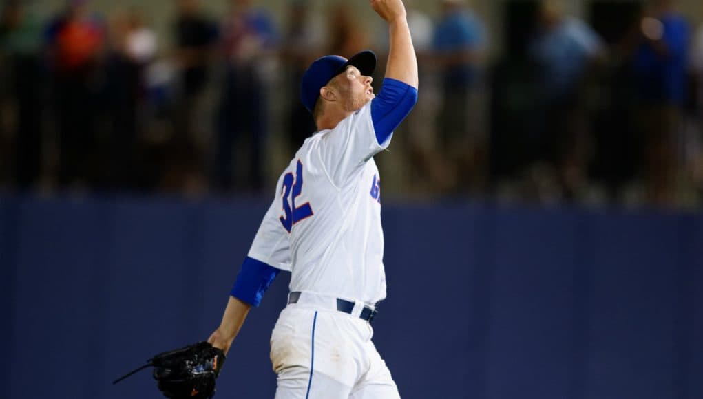 University of Florida pitcher Logan Shore celebrates his 10th win of the season against Vanderbilt- Florida Gators baseball- 1280x852