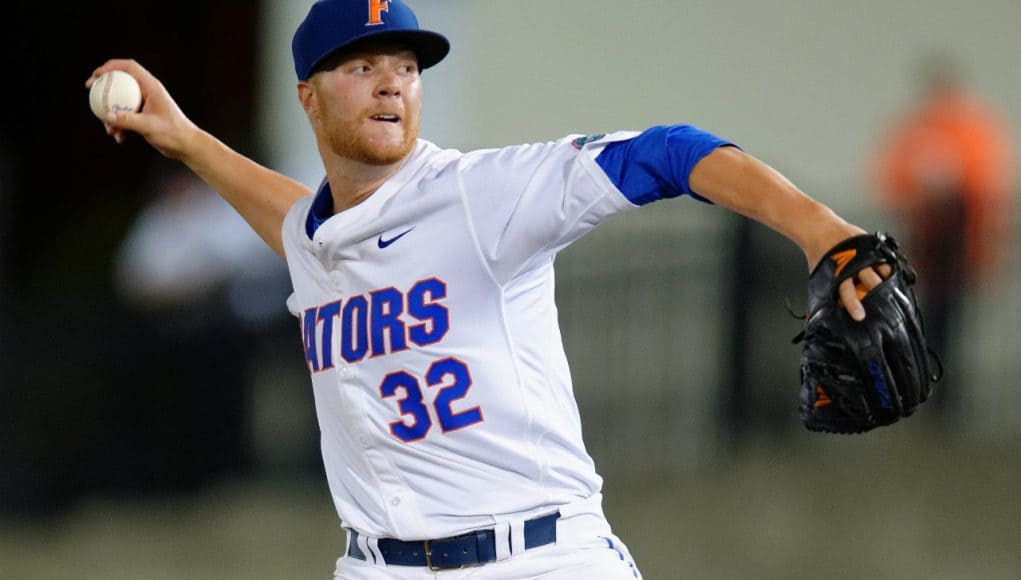 University of Florida pitcher Logan Shore delivers to the plate in a complete game victory at home against Vanderbilt- Florida Gators baseball- 1280x852