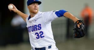 University of Florida pitcher Logan Shore delivers to the plate in a complete game victory at home against Vanderbilt- Florida Gators baseball- 1280x852