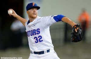 University of Florida pitcher Logan Shore delivers to the plate in a complete game victory at home against Vanderbilt- Florida Gators baseball- 1280x852