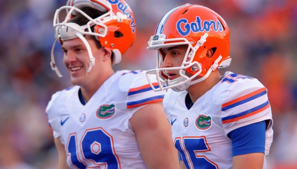 University of Florida punter Johnny Townsend and kicker Eddy Pineiro warm up before the Orange and Blue Debut- Florida Gators football-1280x852