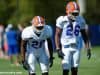 University of Florida safeties Marcus Maye (20) and Marcell Harris (26) go through drills during spring football camp- Florida Gators football- 1280x852