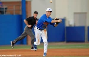 University of Florida third baseman Jonathan India fields and throws a ball to first against Florida Gulf Coast- Florida Gators baseball- 1280x852