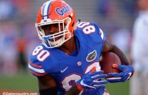 University of Florida tight end C’yontai Lewis catches a pass during warmups before the Orange and Blue Debut in 2016- Florida Gators football- 1280x852