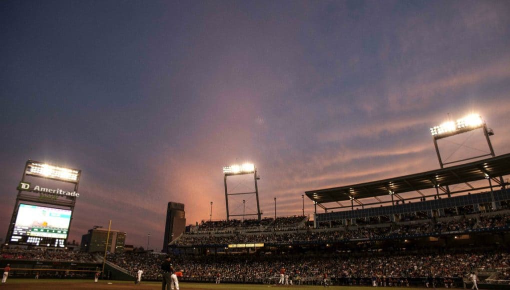 Jun 17, 2015; Omaha, NE, USA; A general view of TD Ameritrade Park during the game against the Florida Gators and the Miami Hurricanes in the sixth inning in the 2015 College World Series. The Gators won 10-2. Mandatory Credit: Bruce Thorson-USA TODAY Sports