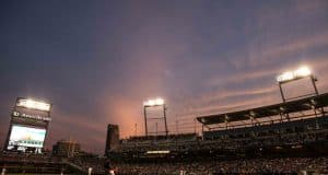 Jun 17, 2015; Omaha, NE, USA; A general view of TD Ameritrade Park during the game against the Florida Gators and the Miami Hurricanes in the sixth inning in the 2015 College World Series. The Gators won 10-2. Mandatory Credit: Bruce Thorson-USA TODAY Sports