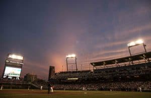 Jun 17, 2015; Omaha, NE, USA; A general view of TD Ameritrade Park during the game against the Florida Gators and the Miami Hurricanes in the sixth inning in the 2015 College World Series. The Gators won 10-2. Mandatory Credit: Bruce Thorson-USA TODAY Sports