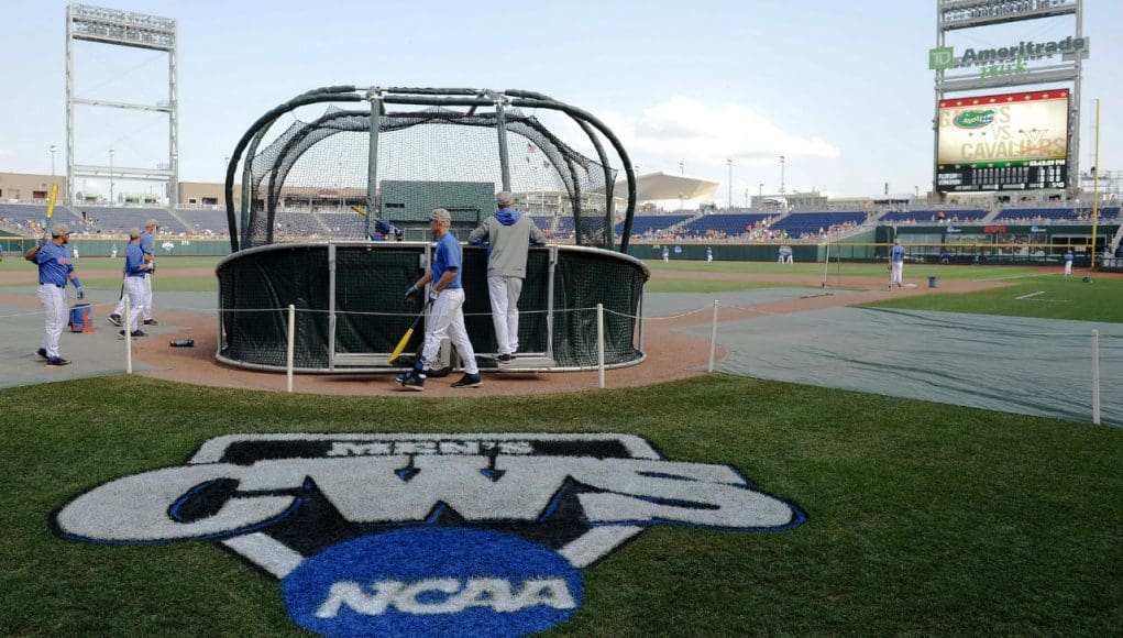 Jun 20, 2015; Omaha, NE, USA; The Florida Gators take batting practice before the game against the Virginia Cavaliers in the 2015 College World Series at TD Ameritrade Park. Mandatory Credit: Steven Branscombe-USA TODAY Sports