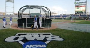 Jun 20, 2015; Omaha, NE, USA; The Florida Gators take batting practice before the game against the Virginia Cavaliers in the 2015 College World Series at TD Ameritrade Park. Mandatory Credit: Steven Branscombe-USA TODAY Sports