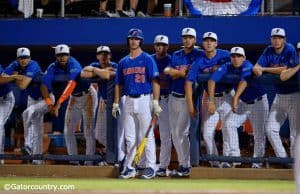 University of Florida Gator baseball players look on during a win over Florida State in the 2016 Gainesville Super Regional- Florida Gators baseball- 1280x852