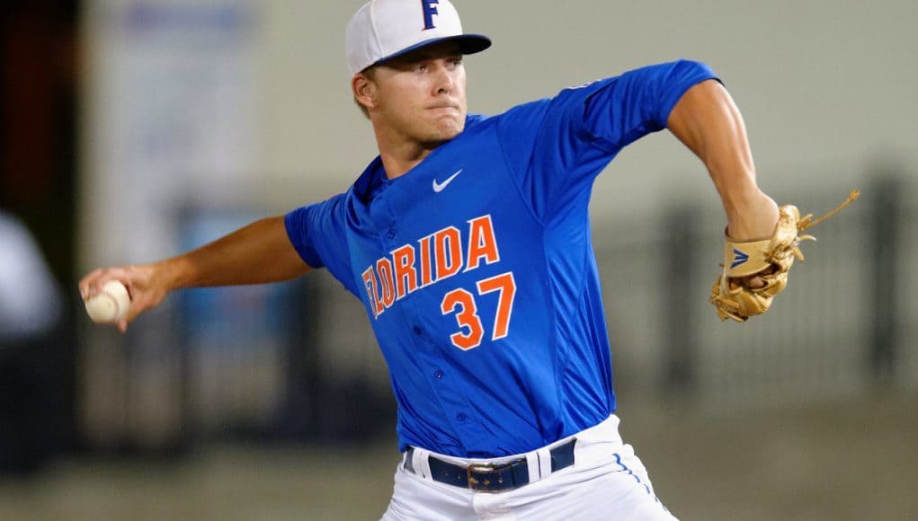 University of Florida closer Shaun Anderson pitches in the ninth inning of a 10-1 NCAA Regional win over Georgia Tech- Florida Gators baseball- 1280x852