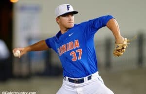 University of Florida closer Shaun Anderson pitches in the ninth inning of a 10-1 NCAA Regional win over Georgia Tech- Florida Gators baseball- 1280x852