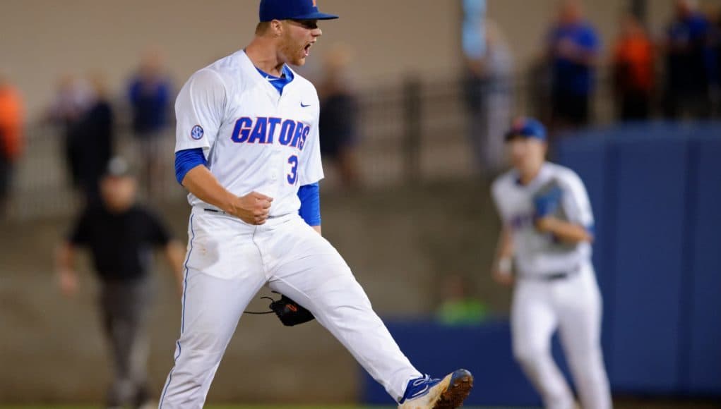 University of Florida junior Logan Shore reacts to the final out of a complete game victory against Vanderbilt- Florida Gators baseball- 1280x852