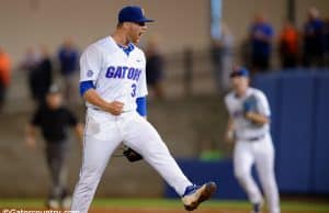University of Florida junior Logan Shore reacts to the final out of a complete game victory against Vanderbilt- Florida Gators baseball- 1280x852