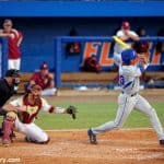 University of Florida outfielder Buddy Reed swings at a pitch during a 2015 Super Regional matchup against Florida State- Florida Gators baseball- 1280x852