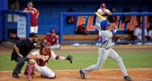 University of Florida outfielder Buddy Reed swings at a pitch during a 2015 Super Regional matchup against Florida State- Florida Gators baseball- 1280x852