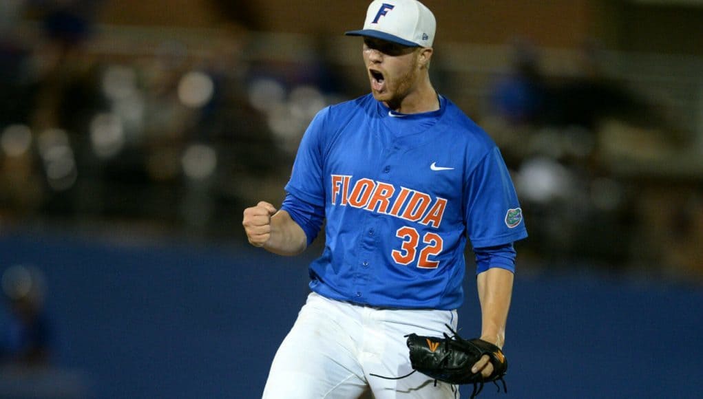 University of Florida pitcher Logan Shore reacts after striking out the side in a Super Regional win over FSU- Florida Gators baseball- 1280x852