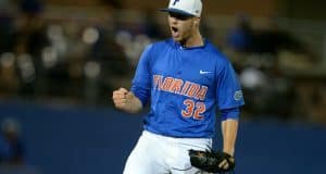 University of Florida pitcher Logan Shore reacts after striking out the side in a Super Regional win over FSU- Florida Gators baseball- 1280x852