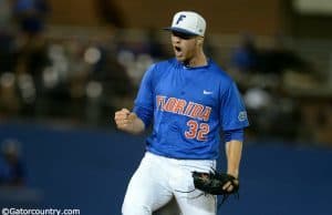 University of Florida pitcher Logan Shore reacts after striking out the side in a Super Regional win over FSU- Florida Gators baseball- 1280x852