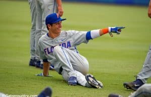 University of Florida shortstop Dalton Guthrie stretches before a Super Regional game against Florida State- Florida Gators baseball- 1280x852