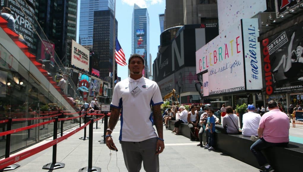 University of Florida cornerback Jalen Tabor stands in Times Square in New York City during a media tour- Florida Gators football- 1280x853
