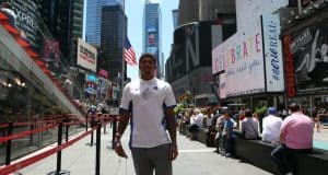 University of Florida cornerback Jalen Tabor stands in Times Square in New York City during a media tour- Florida Gators football- 1280x853