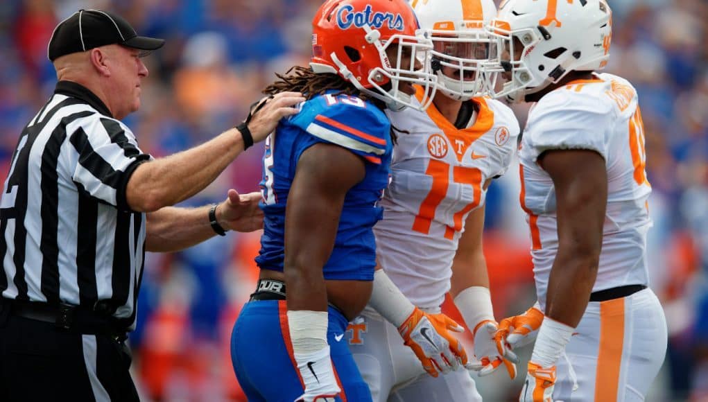 University of Florida linebacker Daniel McMillian gets in the face of a Tennessee player in a 2015 win in Gainesville- Florida Gators football- 1280x852