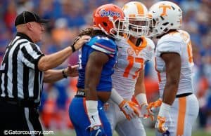 University of Florida linebacker Daniel McMillian gets in the face of a Tennessee player in a 2015 win in Gainesville- Florida Gators football- 1280x852