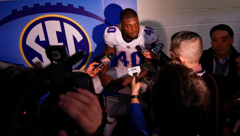 University of Florida linebacker Jarrad Davis speaks with the media following the Florida Gators loss in the SEC Championship game- Florida Gators football- 1280x852