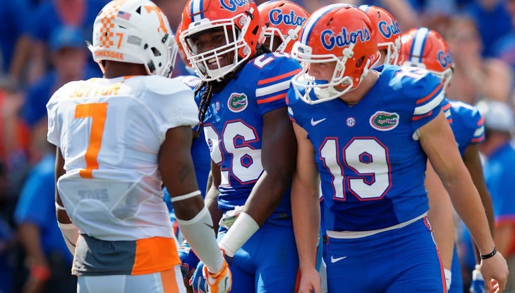 University of Florida punter Johnny Townsend and safety Marcell Harris react after Cam Sutton returned a punt against Florida in 2015- Florida Gators football- 1280x852