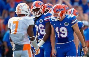 University of Florida punter Johnny Townsend and safety Marcell Harris react after Cam Sutton returned a punt against Florida in 2015- Florida Gators football- 1280x852