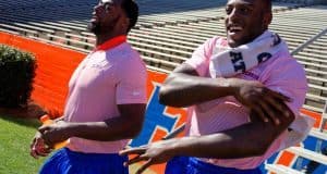 University of Florida seniors Marcus Maye and Jarrad Davis walk into Ben Hill Griffin Stadium before the Orange and Blue Debut- Florida Gators football- 1280x852