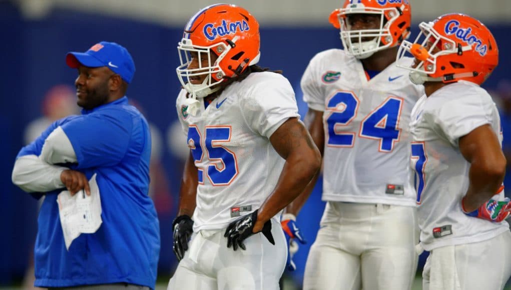 University of Florida coach Tim Skipper leads the running backs through drills during spring camp- Florida Gators football- 1280x852