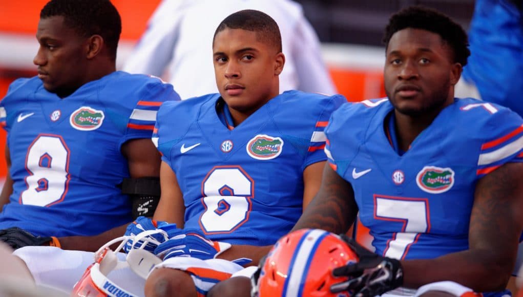 University of Florida defensive backs Nick Washington, Quincy Wilson and Duke Dawson watch the offense during the Orange and Blue Debut- Florida Gators football- 1280x852