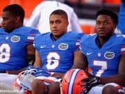 University of Florida defensive backs Nick Washington, Quincy Wilson and Duke Dawson watch the offense during the Orange and Blue Debut- Florida Gators football- 1280x852