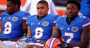 University of Florida defensive backs Nick Washington, Quincy Wilson and Duke Dawson watch the offense during the Orange and Blue Debut- Florida Gators football- 1280x852